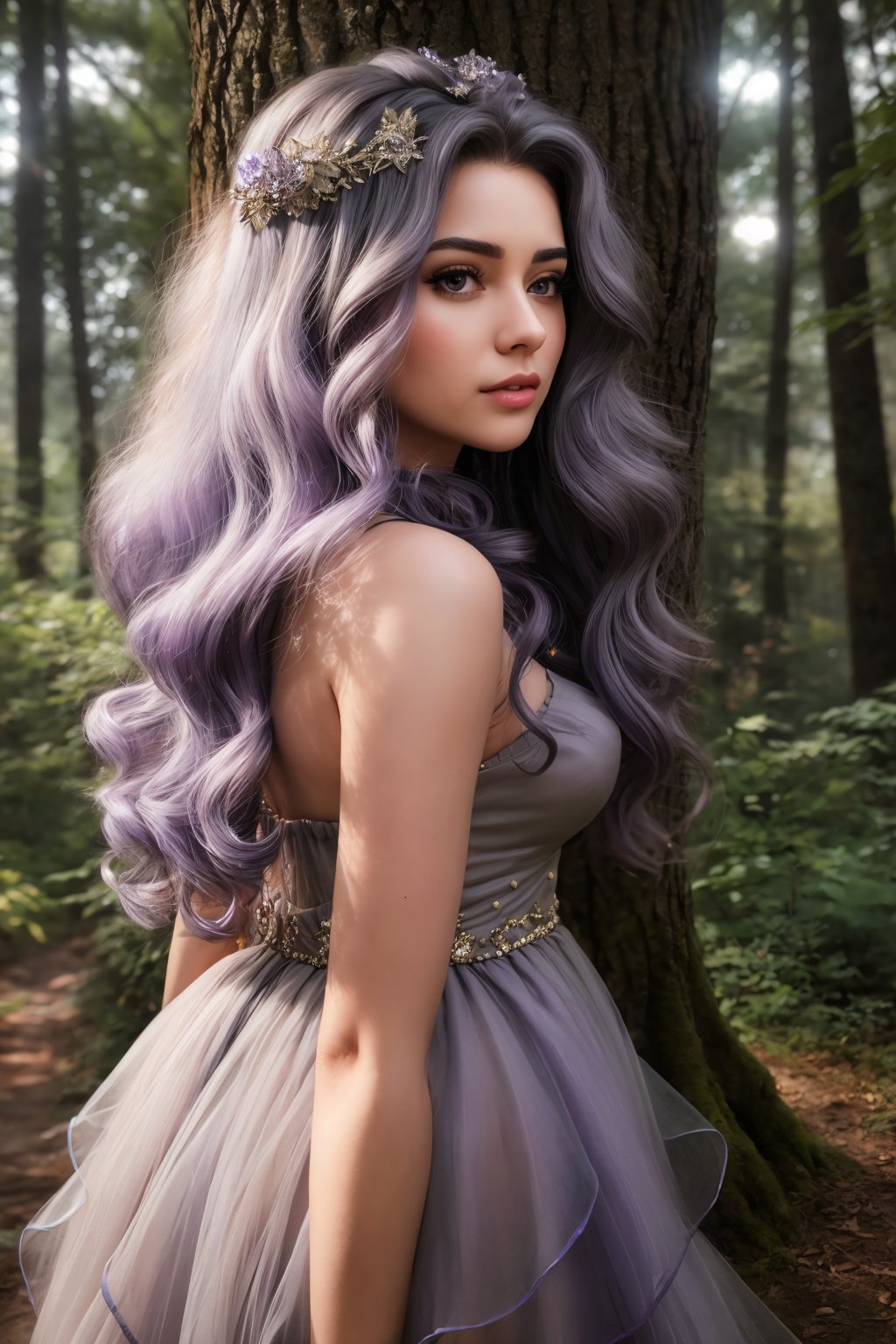 masterpiece, highly detailed 8k, best quality, volumetric lighting, volumetric lighting, intricate, Platinum big hair young woman in Amethyst rfdrss, Pout, Rich Gray eyes, Magical Starlit Forest Clearings background <lora:ruffled dress v4.3-000007:1>