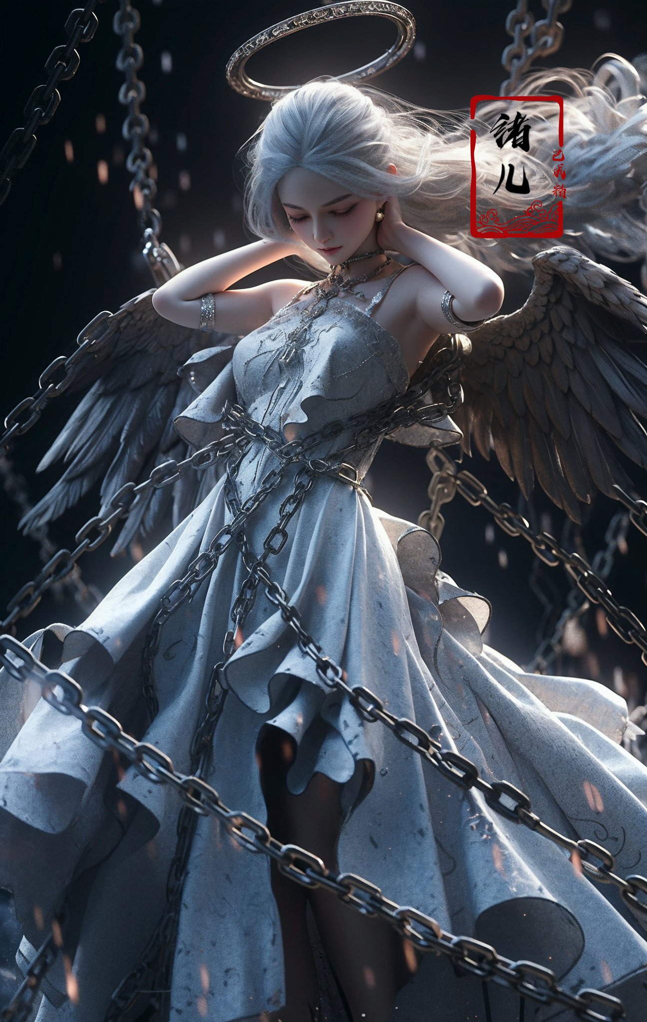 Epic CG masterpiece, a woman dressed in an angelic outfit in chains, delicate face, hdr,dtm, full ha,8K, ultra detailed graphic tension, dynamic poses, stunning colors, 3D rendering, surrealism, cinematic lighting effects, realism, 00 renderer, super realistic, full - body photos, super vista, super wide Angle, rich details, highest quality, extremely exquisite,Black background，1girl, chain, wings, solo, dress, blindfold, white dress, jewelry, veil, choker, ring, own hands together, angel wings, feathered wings, covered eyes, halo， <lora:绪儿-锁链天使 Angel:0.8>