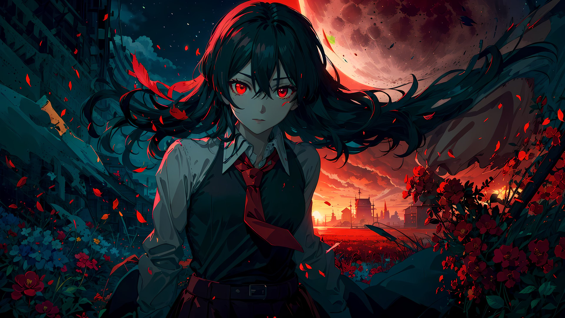 akame, \(akame ga kill!\), highres, highest quallity, illustration, cinematic light, ultra detailed, (detailed face), (detailed eyes), best quality, hyper detailed, masterpiece, 1girl, solo, (black hair), long hair, (black collared shirt), red necktie, sleeveless, skirt,  luminous eyes, (red eyes), medium breasts, backlighting, light rays, (high contrast), (colorful), cowboy shot, sky, (red moon), clouds, night, flowers, field , distant village, lake <lora:agk_akame-10:0.7>