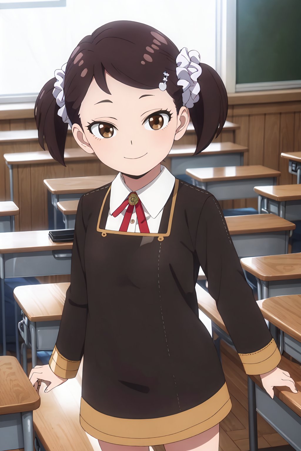 becky, 4k, absurd, high resolution, very high resolution, high definition, masterpiece, Hair ornament, certified queues, hair, scrunchie, hair scrunchie, (brown eyes: 1.5), smile, long sleeves, dress, school, uniform school, socks, black dress, school uniform of the Eden Academy, classroom, looking at to the spectator, upper body<lora:EMS-382000-EMS:0.900000>