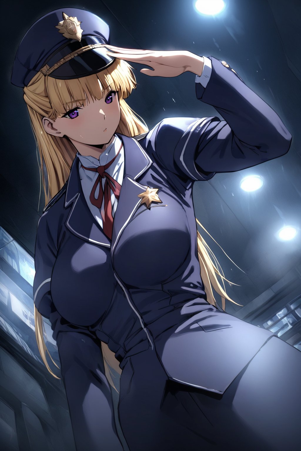 high detailed,very aesthetic,high detailed,very aesthetic, kanzaki asuka, 1girl, blonde hair, purple eyes, A police officer, standing under a dim streetlight, modern skyscrapers background, wearing dark blue uniform, take a selfies, police cap, salute, a shadowy corner, light rain falls, mysterious atmosphere, police car, flashing lights, mist, Cinematic, dramatic lighting, high contrast, wide angle,  <lora:kanzaki asuka anyt:0.8>