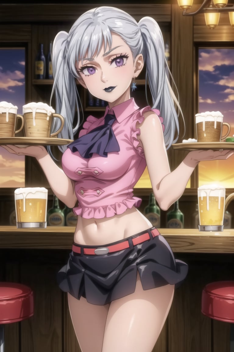 anime, hdr, soft light, ((best quality)), ((masterpiece)), (detailed),black lips:1.4, makeup:1.2, lipstick:1.2, silver hair, noelle_silva, purple eyes, bangs, twintails, makeup, head tilt, seductive smile, cowboy shot, dutch angle, ((bar)),(( sunset)), ((BoarUniform)), black skirt ,jewelry, (single earring), holding tray, plate, tray, cup, alcohol, mug, beer, beer mug,black lips<lora:EMS-50097-EMS:0.400000>, <lora:EMS-355256-EMS:0.600000>, <lora:EMS-12629-EMS:0.600000>, <lora:EMS-401523-EMS:0.800000>, <lora:EMS-179-EMS:0.400000>