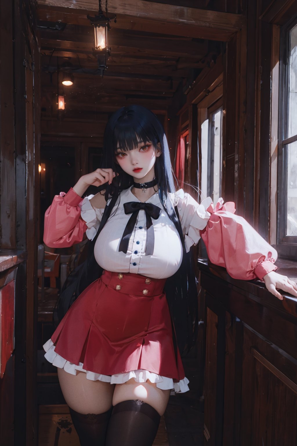 (best quality:1.3),highres,ultra detailed,1girl,gigantic breasts,huge pelvis,(beautiful and aesthetic korean 25 years old),blunt bangs,midnightblue hair,hime cut,long hair,straight hair,sidelocks,half up hair,(jirai kei:1.3),frills,pink dress,collar,ribbon,hair_ribbon,long_sleeves,black knee high socks,thighhighs,choker,cowboy_shot,