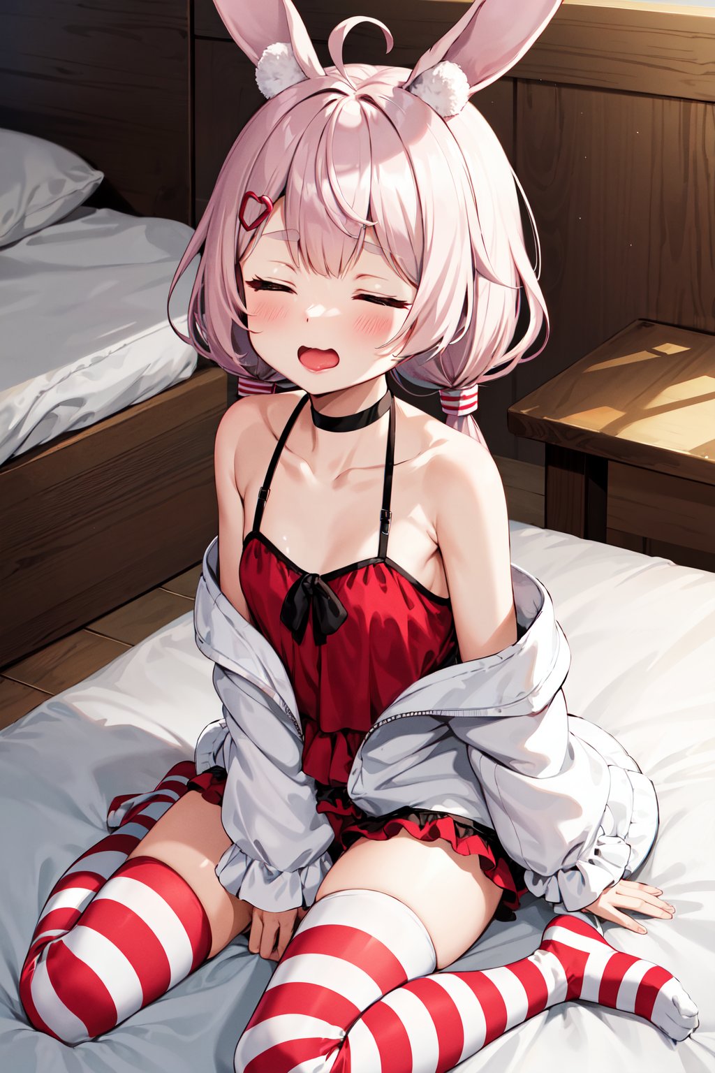 masterpiece, best quality, highres, bbtomari, long hair, low twintails, ahoge, rabbit ears, animal ear fluff, hairclip, choker, camisole, off shoulder, white jacket, red shorts, striped thighhighs, <lora:tomari_mari_v1:0.7>, bed, sitting, closed eyes, wavy mouth, open mouth, 