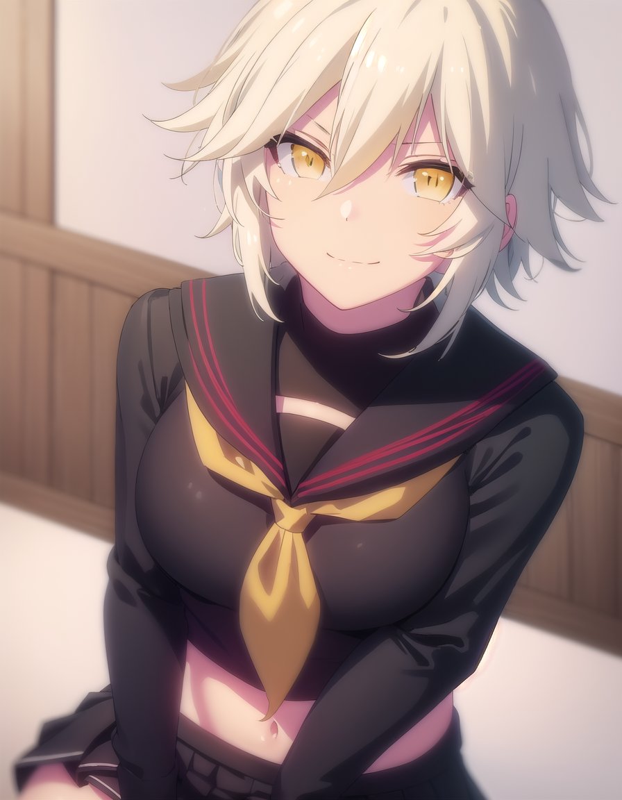 skmiyabi, <lora:sk miyabi s1-lora-nochekaiser:1>,miyabi, bangs, hair between eyes, (yellow eyes:1.3), white hair,BREAK skirt, shirt, long sleeves, navel, school uniform, pantyhose, pleated skirt, necktie, serafuku, midriff, black skirt, sailor collar, black shirt, black sailor collar, (black serafuku:1.2),BREAK indoors, classroom,BREAK looking at viewer, (cowboy shot:1.5), smile,BREAK <lyco:GoodHands-beta2:1>, (masterpiece:1.2), best quality, high resolution, unity 8k wallpaper, (illustration:0.8), (beautiful detailed eyes:1.6), extremely detailed face, perfect lighting, extremely detailed CG, (perfect hands, perfect anatomy),