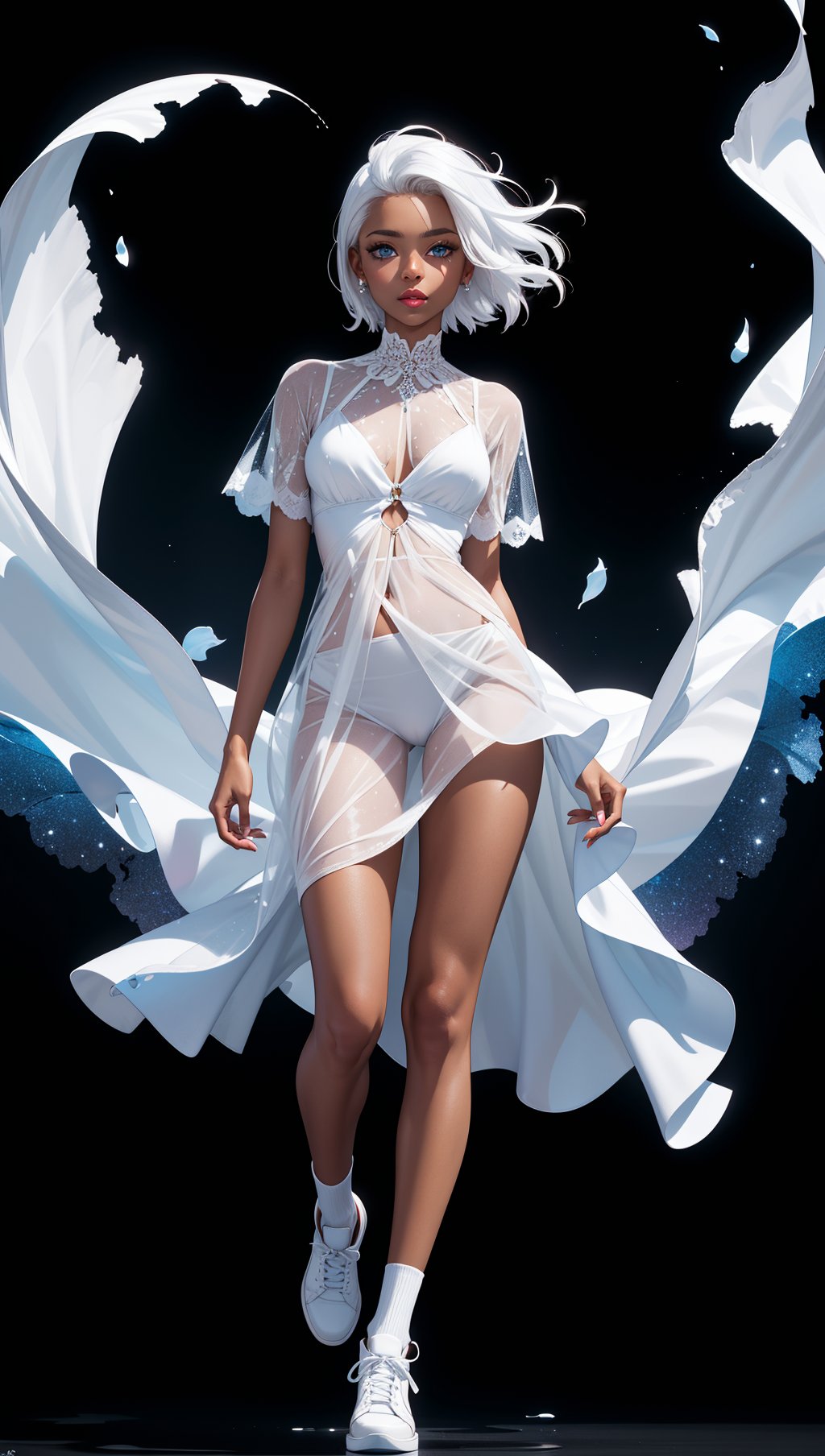 a woman with white hair and blue eyes,in a white dress with a black background and a splashs of paint all over,Celestial Skin,dark skin,flower-pattern,see-through white dress,black under cloths,facing viewer,hair blowing in the wind,white shoes,fantasy,white fires all over,