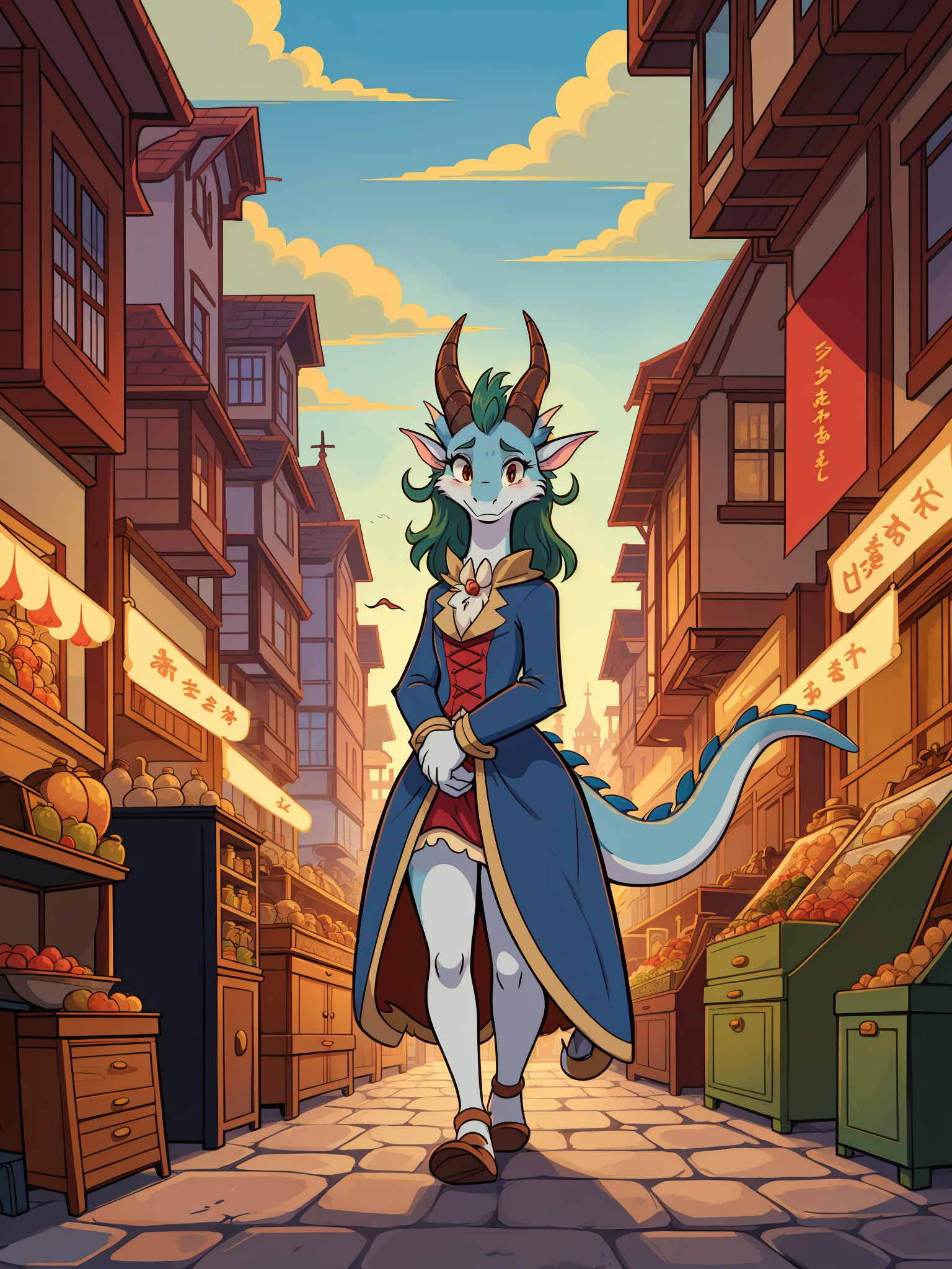 Masterpiece, Cartoon, comic, Studio_Ghibli style, 1girl, anthro dragon, Victorian city setting, [full_dress::1], detailed background, beautiful line work, (sfw), 2_horns