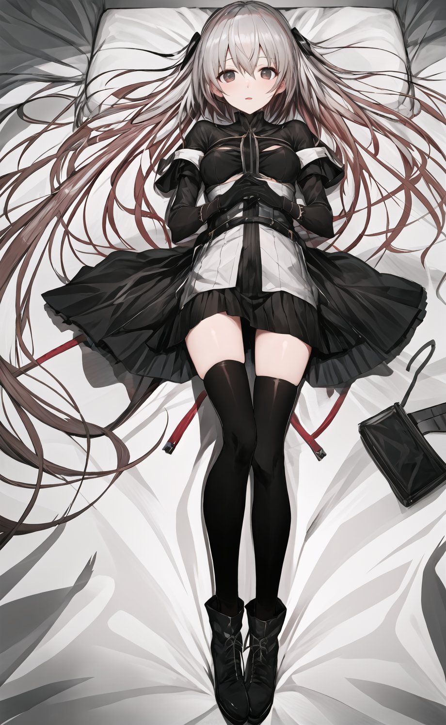 <lora:swavaV4:0.7>, best quality, beautiful lighting, ((an extremely delicate and beautiful)), dramatic shadow, ray tracing, swava, 1girl, solo, thighhighs, long hair, lying, dress, on back, looking at viewer, black dress, black thighhighs, gloves, boots, very long hair, black gloves, hair between eyes, black footwear, blood, bangs, parted lips, elbow gloves