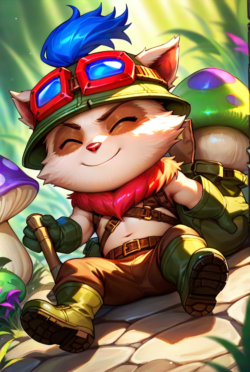 score_9, score_8_up, score_7_up, t33mo, score_9, source_anime, teemo, hat, closed eyes, 1boy, furry, yordle, male focus, goggles, goggles on headwear, brown pants, pants, belt, boots, gloves, green headwear, bag, smile, ^_^, furry male, mushroom, <lora:Teemo_default_v1:0.9>, sitting on ground