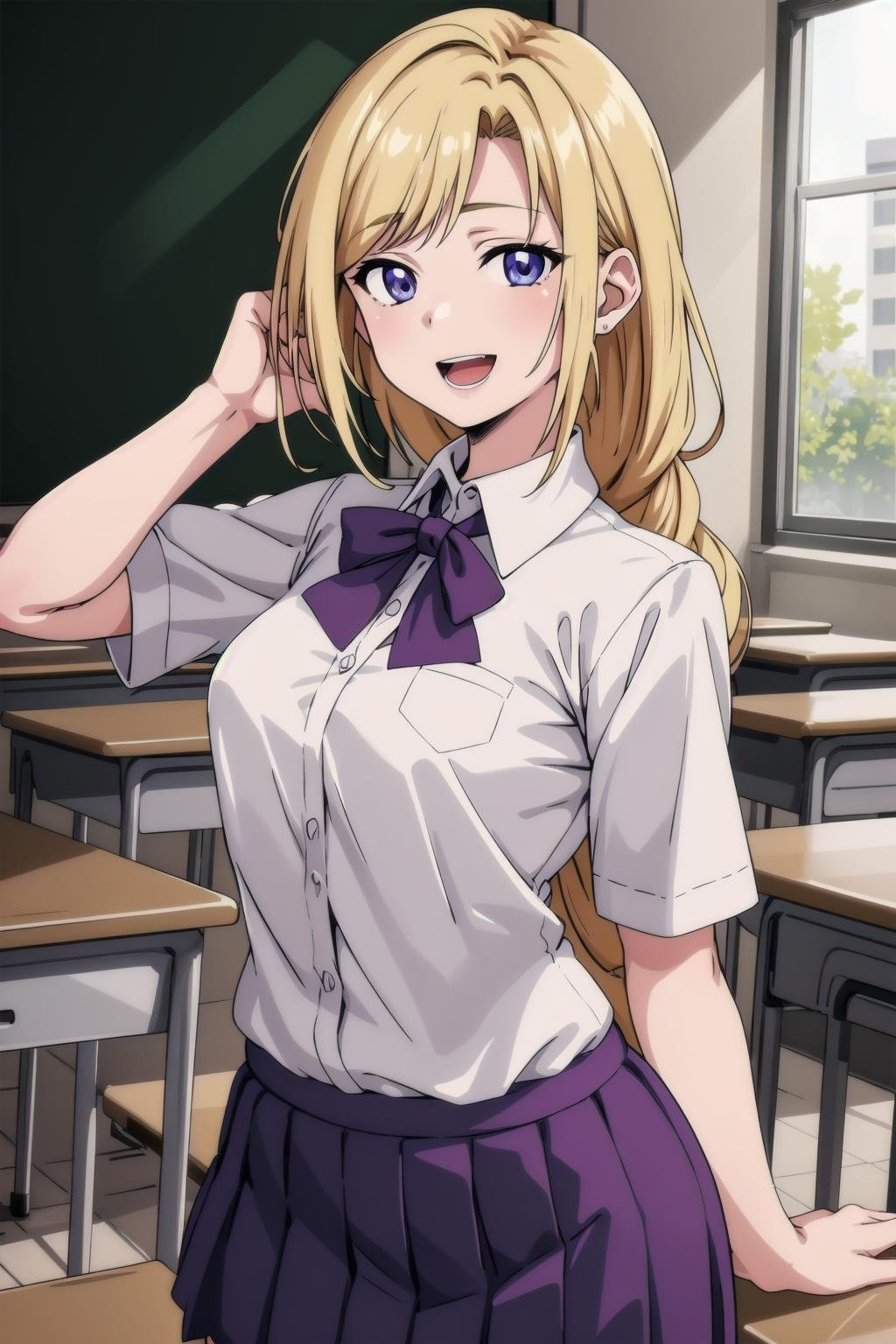 (masterpiece, best quality, high quality, highres, ultra-detailed), <lora:Ichimiya_Alisa-15:1> ichimiya-alisa, 1girl, solo, long hair, blue eyes, blonde hair, purple eyes, braid, smile, school uniform, cowboy shot, open mouth, classroom, 