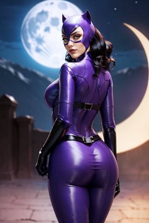 <lora:purplecatwoman:0.6> purpcat, catwoman, curvy, moonlight, looking back, slim waist,