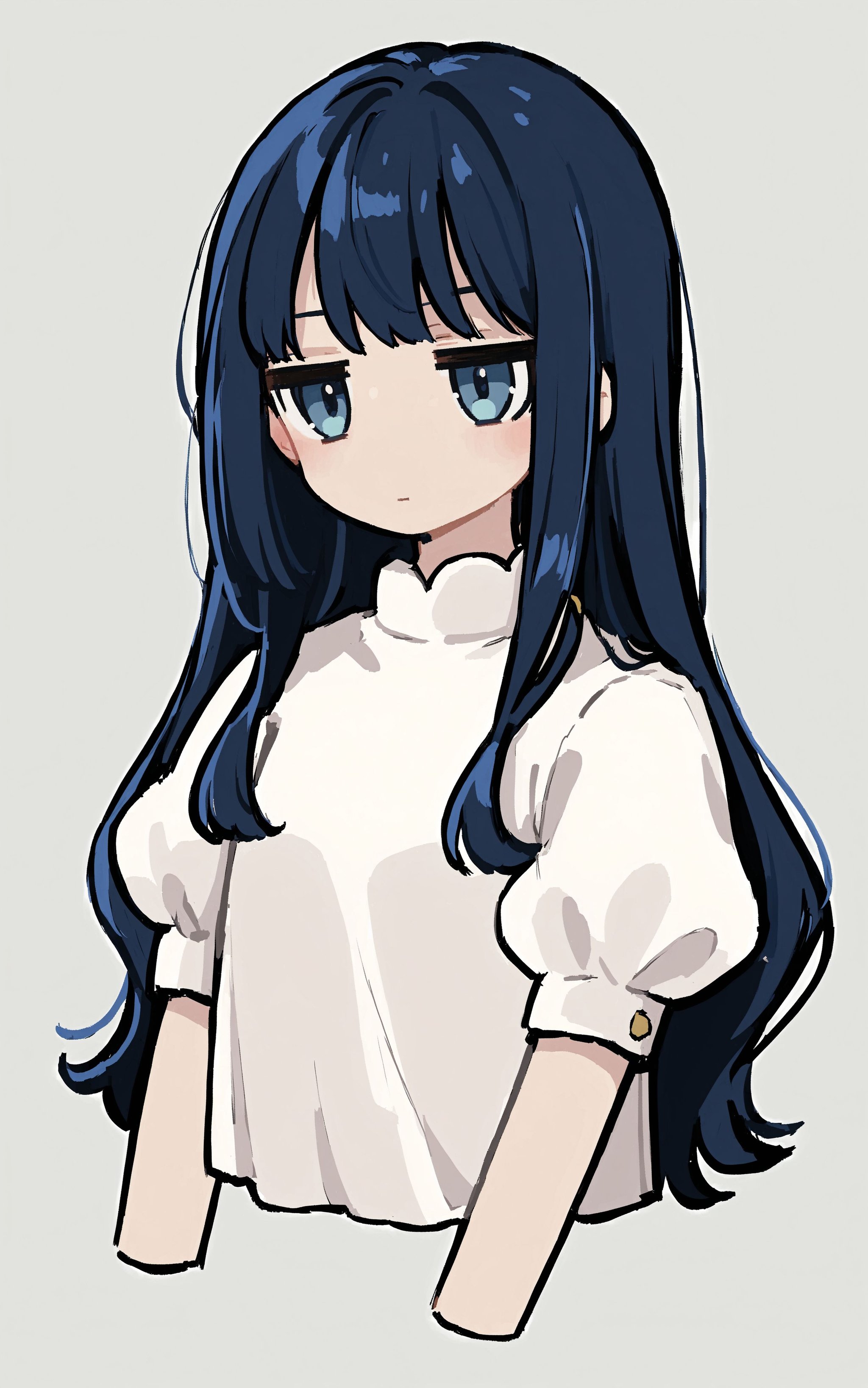 1girl, solo, simple background, white background, blue eyes, blue hair, long hair, upper body, shirt, jitome, puffy sleeves, cropped torso, closed mouth    <lora:XLTEST 10:0.75>