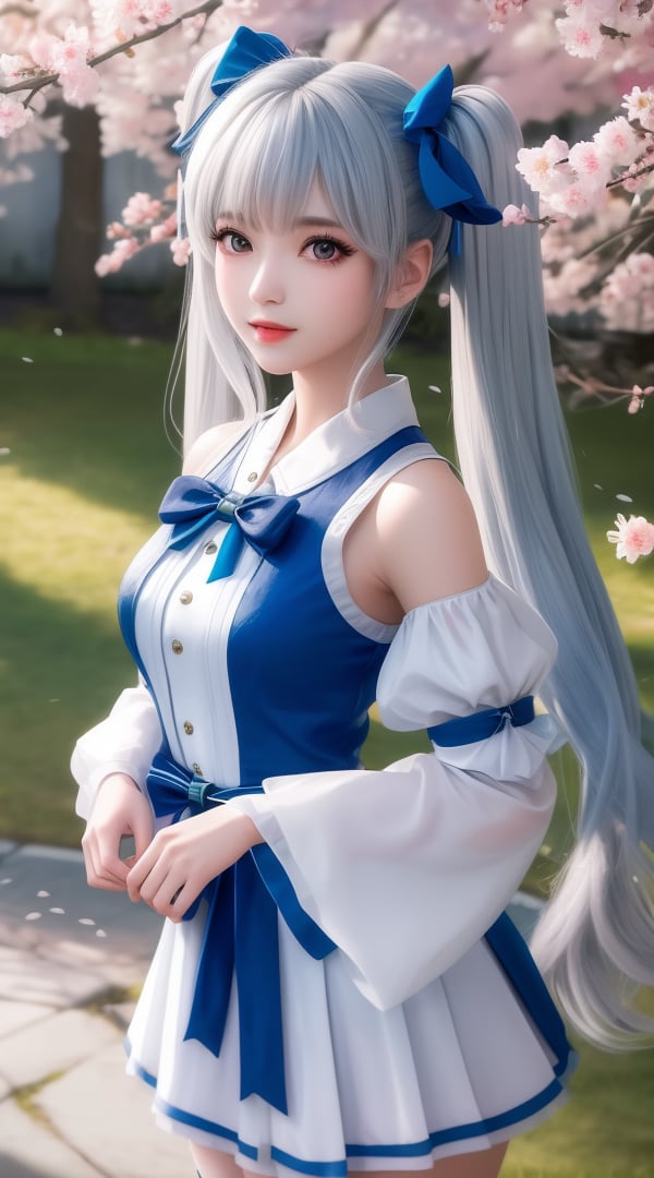 (,1girl, ,best quality, ),looking at viewer, <lora:380-DA-武动乾坤-林青檀:0.8> ultra detailed background,ultra realistic 8k cg,ultra detailed 8k cg,masterpiece,upper body,  (( , )),, ,science fiction,mole, ultra realistic 8k cg, ,tamari \(flawless\),   ,outdoors, sun,sunlight, cherry blossoms,      (()), (), 1girl, solo, blue_ribbon, detached_sleeves, ribbon, long_hair, twintails, thighhighs, bow, blue_sleeves,silver hair, 