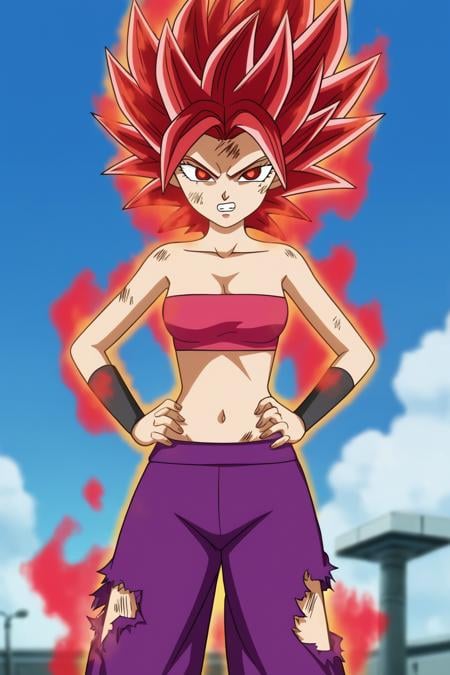 source_anime, score_9, score_8_up, score_7_up, anime screencap,caulifla, red hair, spiked hair,  red eyes, collarbone, tube top,  looking at viewer, bruise on face, gritted teeth, blue sky, ruined city, destroyed buildings, ((red aura)), (super saiyan god), torn baggy pants, black pupils fire aura,  <lora:caulifla_pony_v1:0.8>