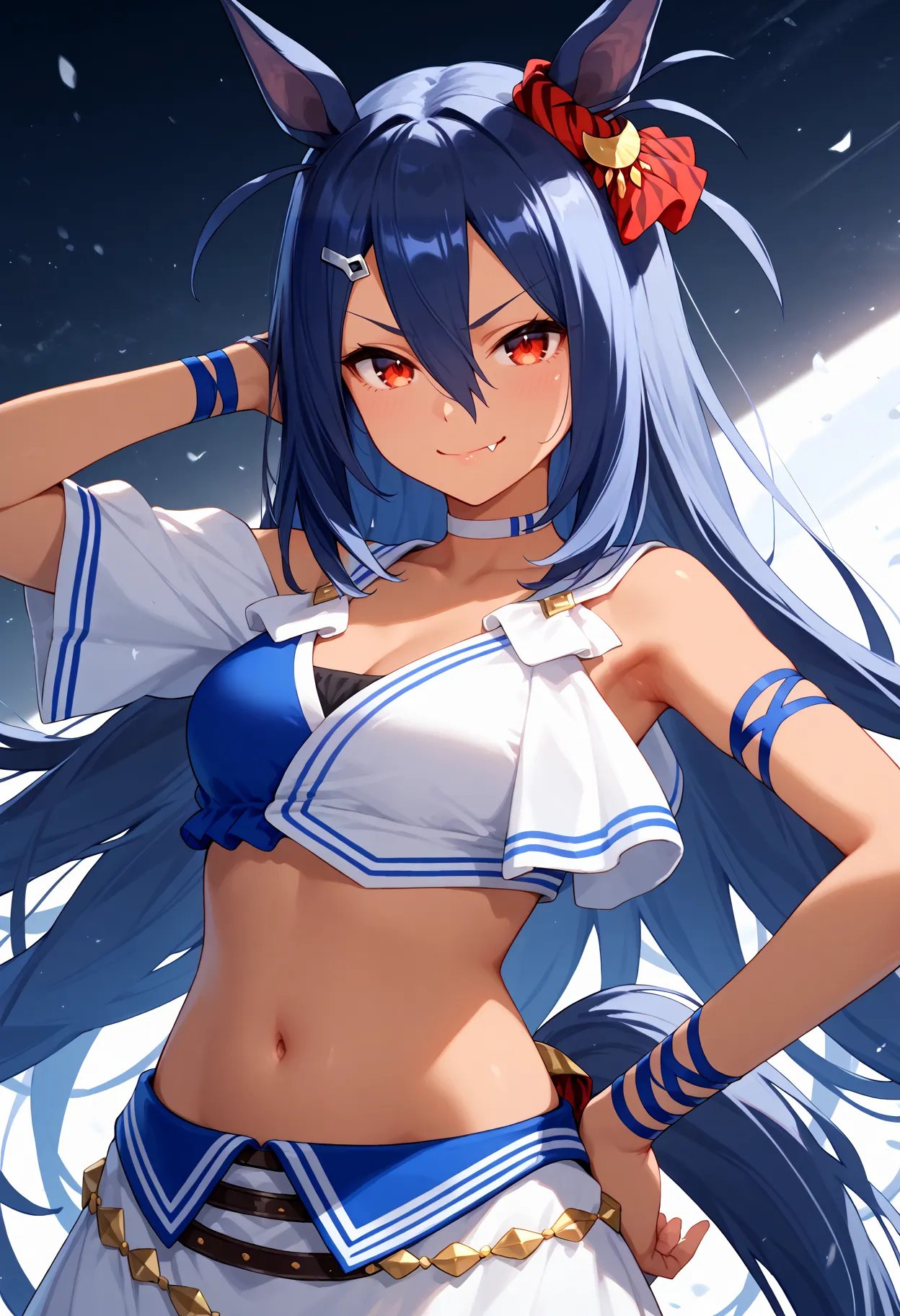 score_9, score_8_up, score_7_up, BREAK, best quality, masterpiece, very aesthetic, ultra detailed,very detailed background,BREAK,,zPDXL3,Hishiama_Race, 1girl, solo, bangs, hair ornament, navel, hair between eyes, very long hair, blue hair, hairclip, fang, midriff, dark skin, horse ears, horse tail,red eyes,crop top, choker,arm ribbons,Ribbon Arm Wraps, dark-skinned female,asymmetry clothes,skirt, <lyco:Hishiama-ponyXL_locon:1>hand on hip,smirk,raise arm