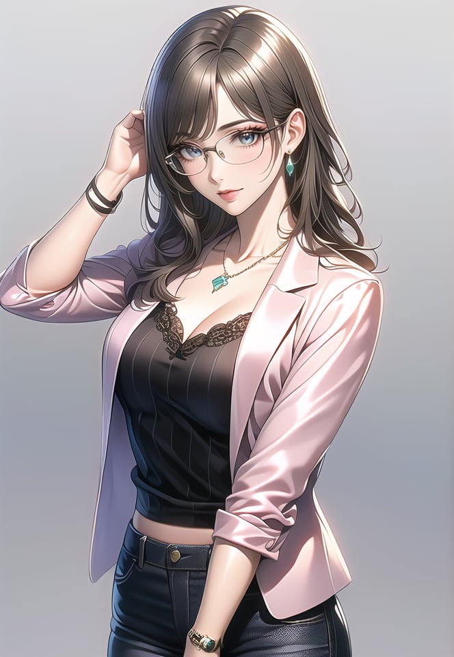 (best quality), ((masterpiece)), (highres), illustration, original, extremely detailed,1girl, solo, jewelry, watch, breasts, glasses, cleavage, wristwatch, pants, necklace, brown hair, gradient background, long hair, gradient, earrings, shirt, jacket, collarbone, smile, looking at viewer, medium breasts, bangs, open clothes, cowboy shot, closed mouth, adjusting eyewear, denim, pink jacket, blue eyes, standing, jeans, grey background, makeup, ribbed shirt, black pants, open jacket, green eyes