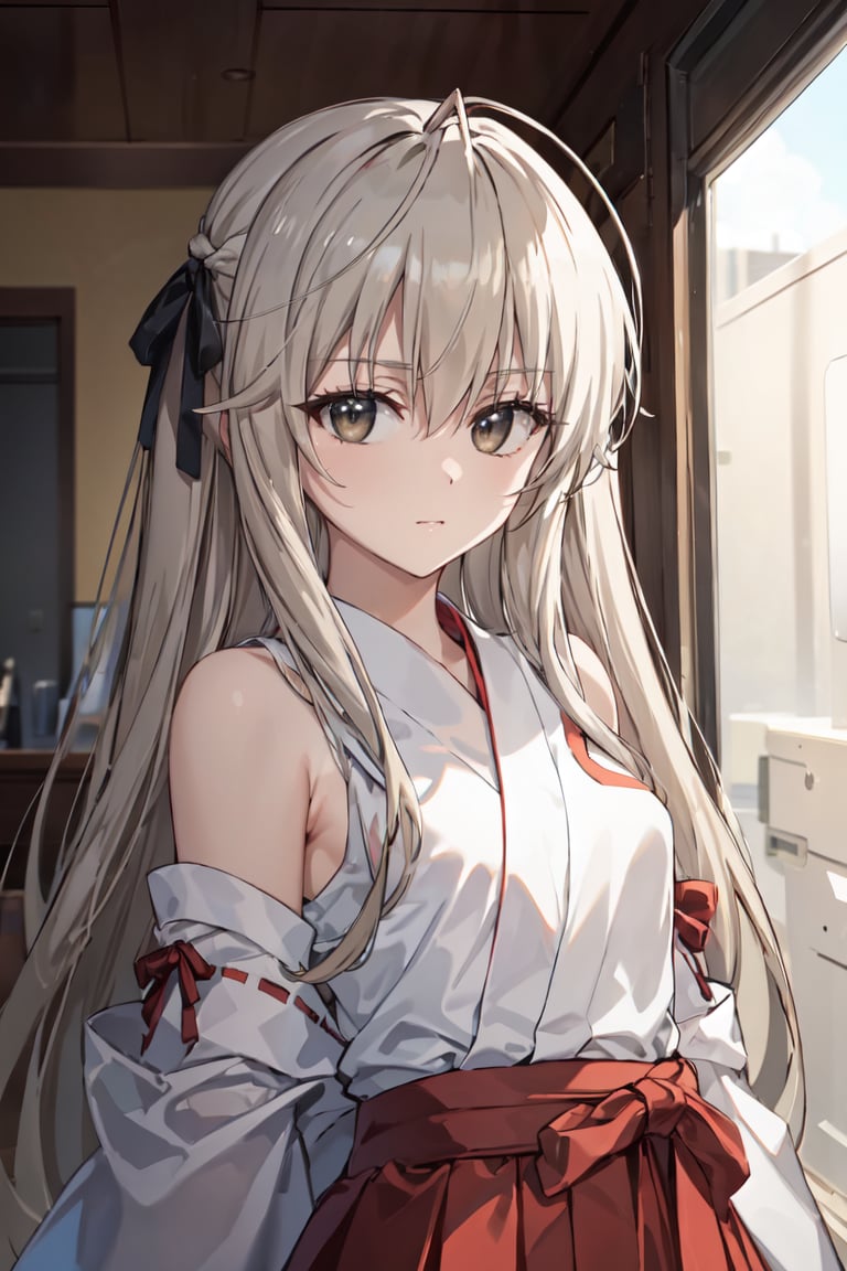 masterpiece, best quality, ultra-detailed, glistening shiny, glowing light, ray tracing, HDR, deph of field, (perfect face, detailed face),  <lora:KasuganoSora:0.7>, kasuganosora, long hair, small breasts, black hair ribbon, miko, red skirt,