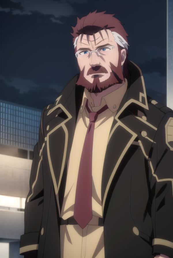 blitztalker, <lora:blitz talker s1-lora-nochekaiser:1>,blitz talker, brown hair, male focus, red hair, multicolored hair, facial hair, scar, (black eyes:1.5), beard, glasses,BREAK shirt, gloves, necktie, black gloves, coat, yellow shirt,BREAK outdoor, city, night, sky, buildings, moon, clouds,BREAK looking at viewer, (cowboy shot:1.5),BREAK <lyco:GoodHands-beta2:1>, (masterpiece:1.2), best quality, high resolution, unity 8k wallpaper, (illustration:0.8), (beautiful detailed eyes:1.6), extremely detailed face, perfect lighting, extremely detailed CG, (perfect hands, perfect anatomy),