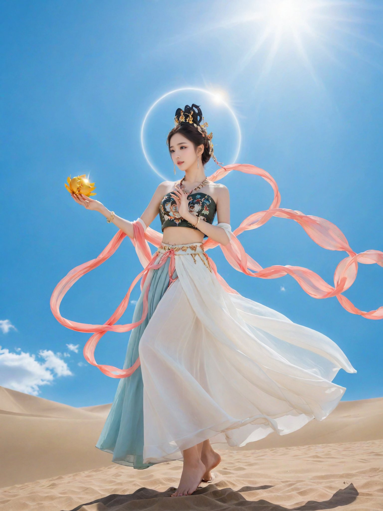 dunhuang,1girl,solo,sky,cloud,blue sky,sun,black hair,full body,long skirt,day,skirt,<lora:敦煌XL7:0.6>,