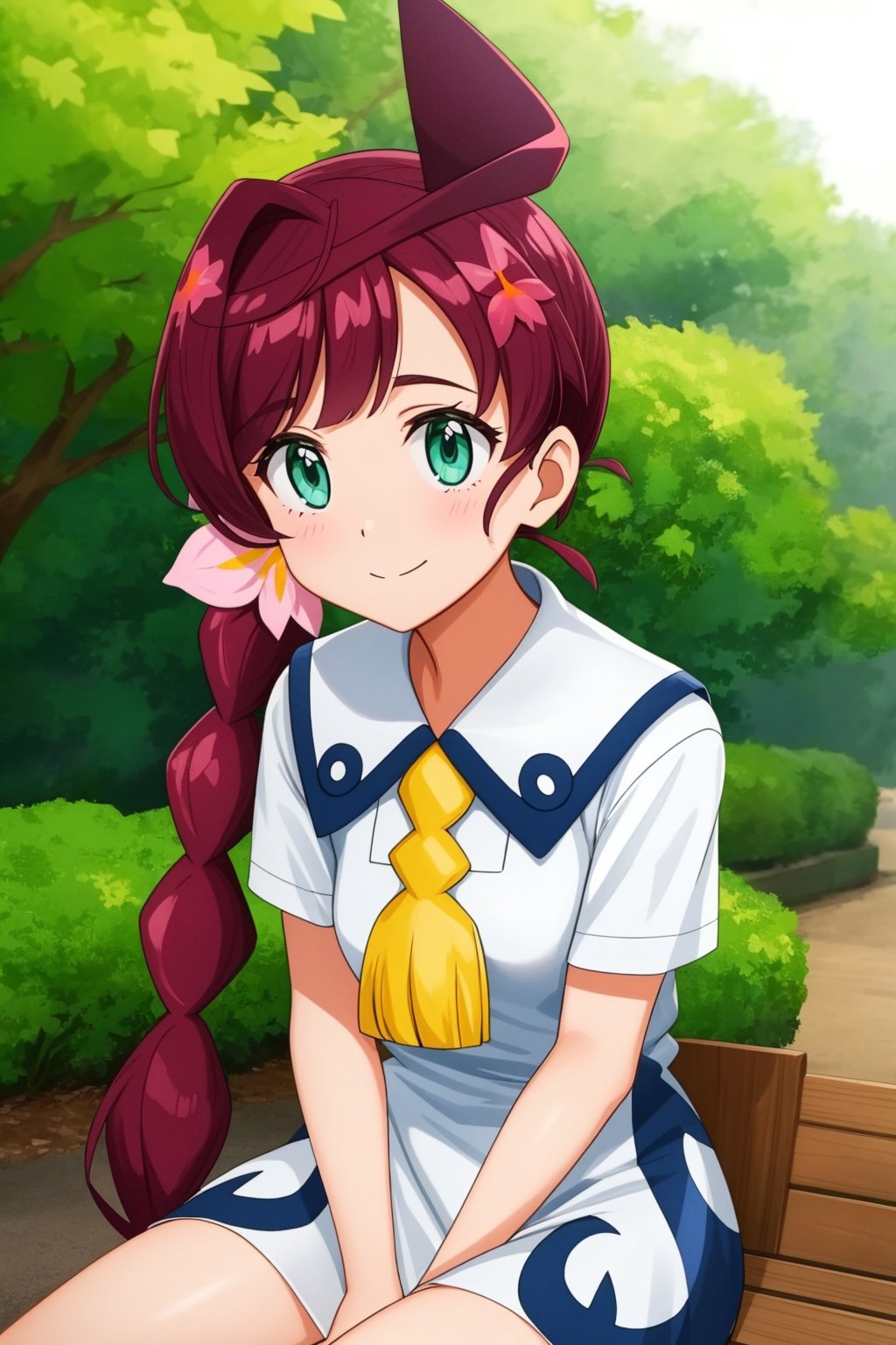 pkmnchloe, 1girl, solo, green eyes, purple hair, long hair, bangs, single braid, braided ponytail, hair ornament, hair flower, pink flower,school uniform, white dress, collared dress, short sleeves, neck tassel,smile,closed mouth,cowboy shot,sitting,forest,outdoor,(insanely detailed, beautiful detailed face, masterpiece, best quality) cinematic lighting,<lora:PKMN_Chloe_v3:1>, <lora:more_details:0.3>,