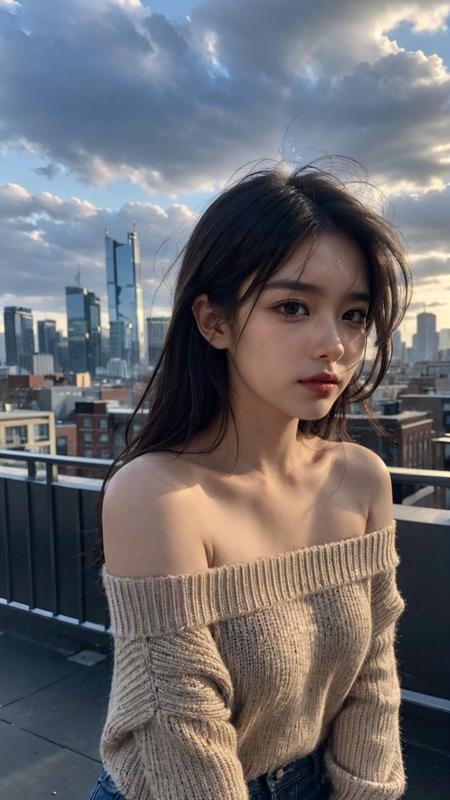 8k, best quality, masterpiece, realistic, ultra detail, photo realistic, Increase quality, closeup photo of a woman wearing torn and ripped sweater, off shoulder, messy hair, blurred city skyline, urban rooftop, twilight, natural light, city lights, depth, subtle backdrop, intense and introspective mood, soft diffused natural light, warm artificial sidelight, moody atmosphere, skin texture, modern (rugged:0.4) aesthetic, thoughtful expression, charismatic<lora:koreanDollLikeness_v15:0.3>, <lora:more_details:0.3>,