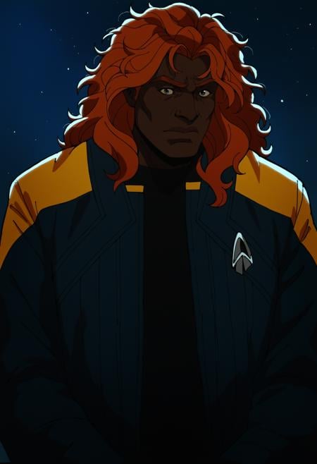 core_9, score_8_up, score_7_up ,score_6_up, man,dark skin,black skin,african,ghanian,ginger hair,longer hair,messy hair,space station interrior,pcdjck,Star trek jacket,yellow shoulders,black shirt,<lora:PicardJacketPony>