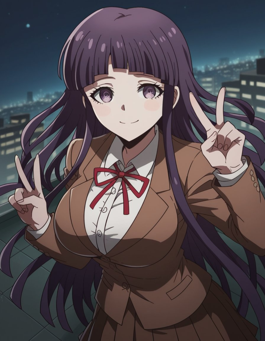 score_9, score_8_up, score_7_up, source_anime, <lora:mikan-tsumiki-s2-ponyxl-lora-nochekaiser:1>, mikan tsumiki, long hair, purple hair, (purple eyes:1.1), bangs, blunt bangs, large breasts,, skirt, shirt, long sleeves, ribbon, school uniform, jacket, white shirt, pleated skirt, collared shirt, red ribbon, neck ribbon, brown skirt, brown jacket,, city skyline, rooftop view, night time, city lights, quiet reflection, smile, , hand making a peace sign, solo,, cowboy shot, dutch angle