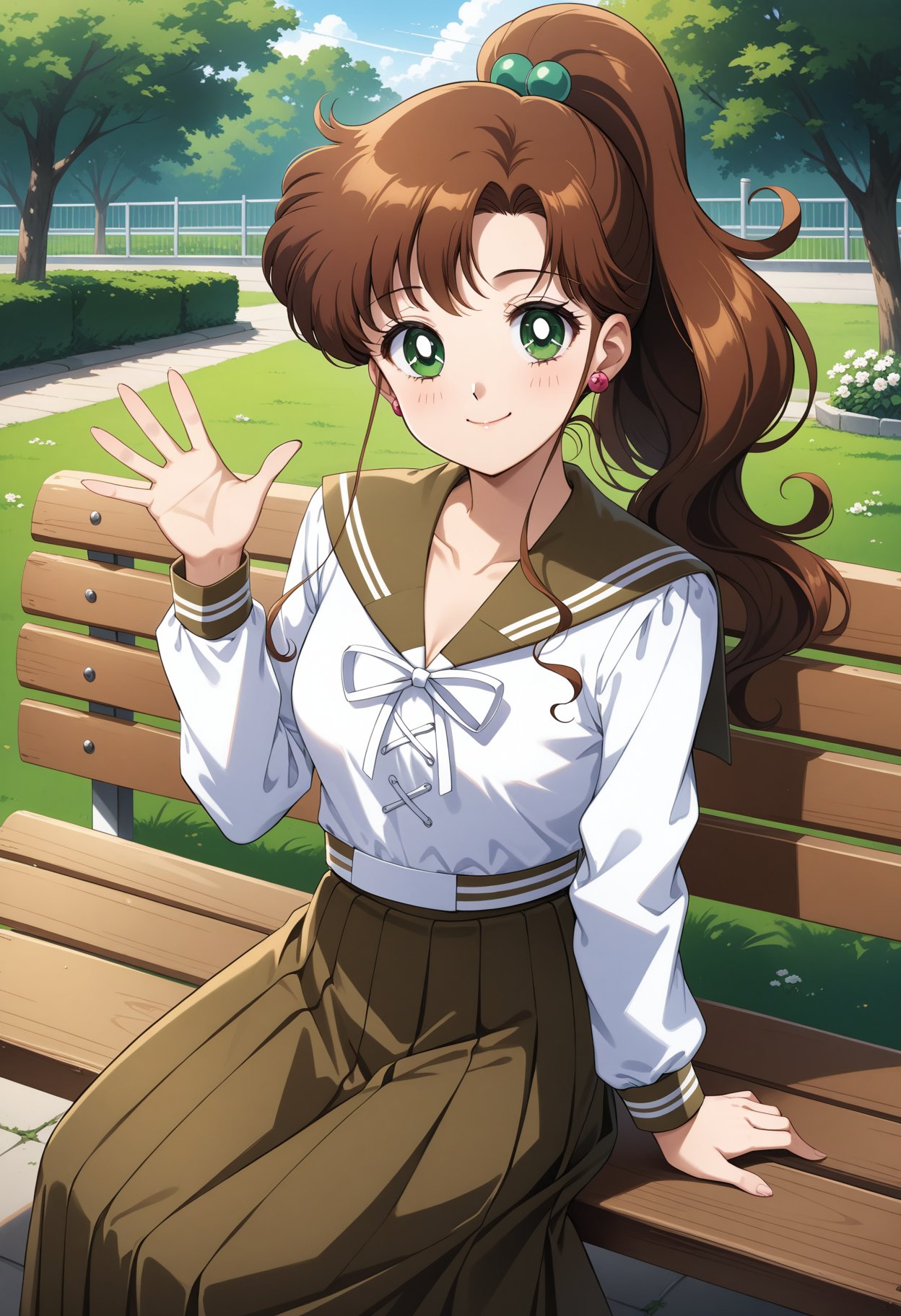 (masterpiece, best quality, very aesthetic, ultra detailed), intricate details, 4k, aajupiter, long hair, brown hair, ponytail, hair bobbles, green eyes, school uniform, brown sailor collar, white shirt, white ribbon, long sleeves, long skirt, brown skirt, <lora:sailor_jupiter_animaginexl_v2:0.9>, sitting, bench, waving, smile