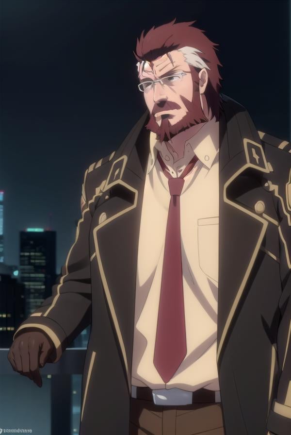 blitztalker, <lora:blitz talker s1-lora-nochekaiser:1>,blitz talker, brown hair, male focus, red hair, multicolored hair, facial hair, scar, (black eyes:1.5), beard, glasses,BREAK shirt, gloves, necktie, black gloves, coat, yellow shirt,BREAK outdoor, city, night, sky, buildings, moon, clouds,BREAK looking at viewer, (cowboy shot:1.5),BREAK <lyco:GoodHands-beta2:1>, (masterpiece:1.2), best quality, high resolution, unity 8k wallpaper, (illustration:0.8), (beautiful detailed eyes:1.6), extremely detailed face, perfect lighting, extremely detailed CG, (perfect hands, perfect anatomy),