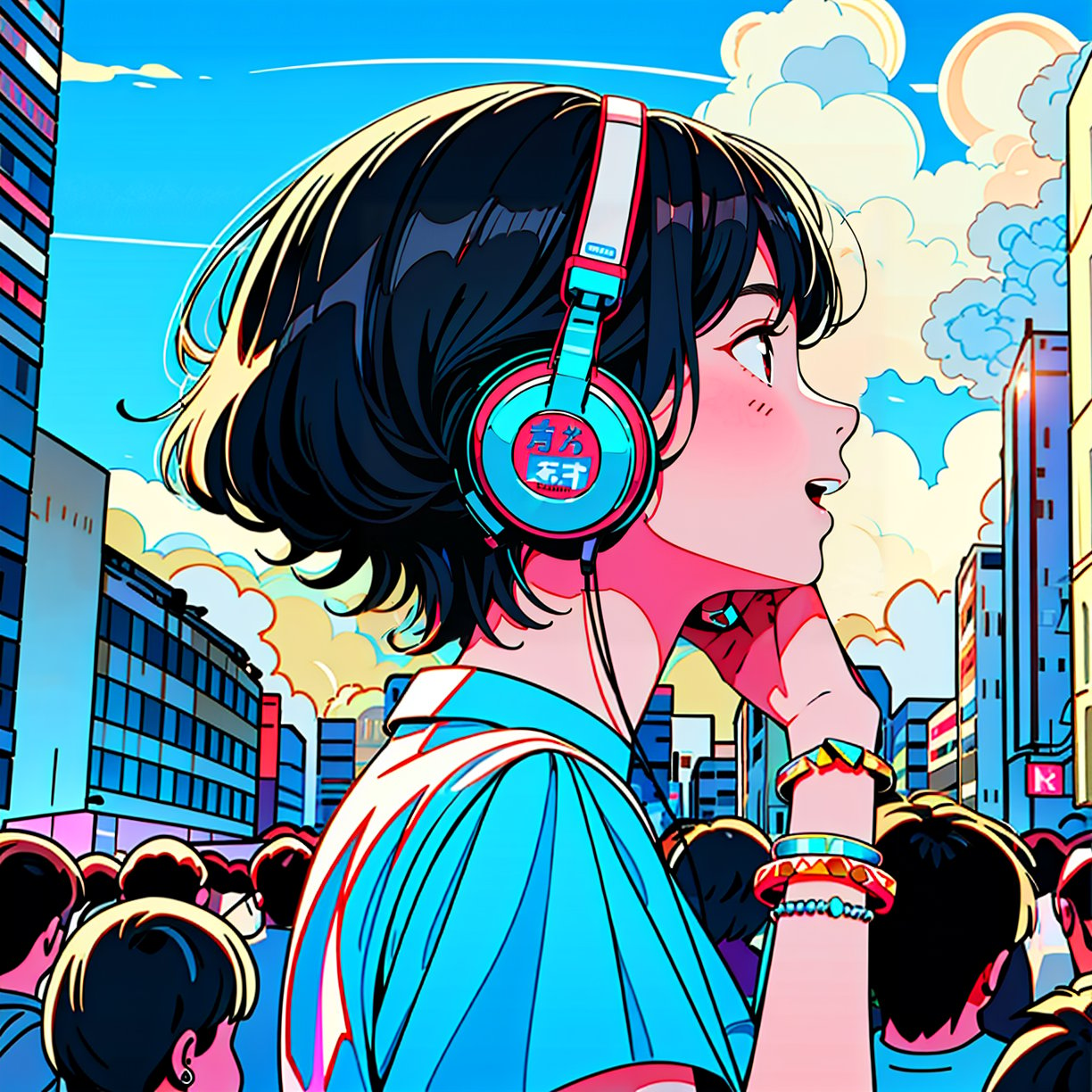 HTTP, headphones, 1girl, shirt, crowd, black hair, sky, cloud, profile, outdoors, solo focus, short sleeves, print shirt, upper body, nail polish, short hair, blue nails, blue shirt, building, bracelet, jewelry, hand up, open mouth, day<lora:HTTP_20231211123040-000008:1>