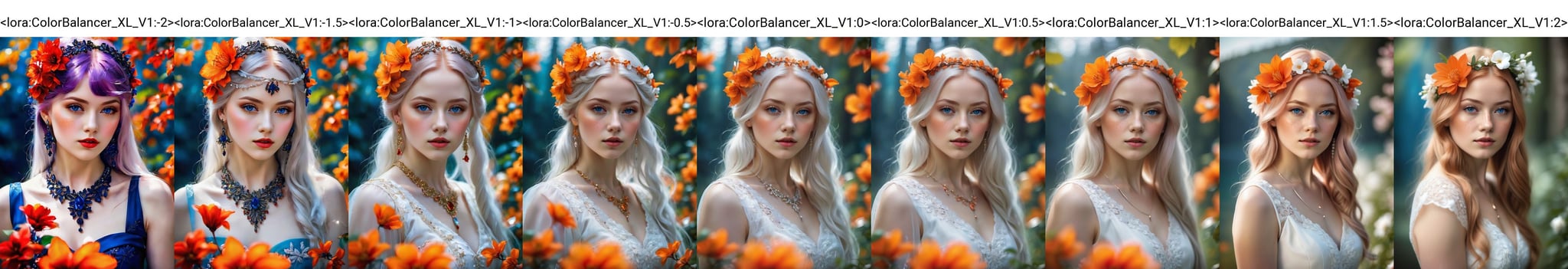 (best quality, 4k, 8k, highres, masterpiece:1.2), ultra-detailed, (realistic, photorealistic, photo-realistic:1.37),hyper realistic, 1girl,long hair,looking at viewer,realistic proportions,blue eyes,hair ornament,dress,very long hair,flower,red hair,parted lips,necklace,white dress,orange hair,lips,blurry background,freckles,realistic,head wreath,orange flower,realistic portrait <lora:ColorBalancer_XL_V1:-2>