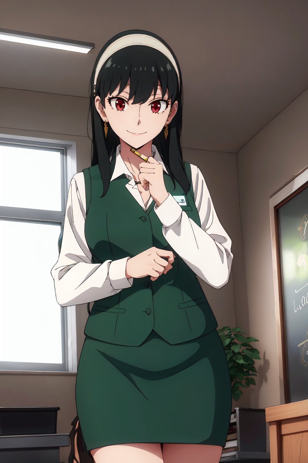 yor briar, 4k, absurd, high resolution, very high resolution, high definition, masterpiece, 1girl, alone, smile, skirt, shirt, black hair, red eyes, long sleeves, jewelry, closed mouth, white shirt, indoors, earrings, collared shirt, black shoes, vest, name tag, pencil skirt, green skirt, pencil skirt, green skirt, locks, office, side locks, white hair band, window, green vest, gold earrings, upper body<lora:EMS-400146-EMS:0.800000>