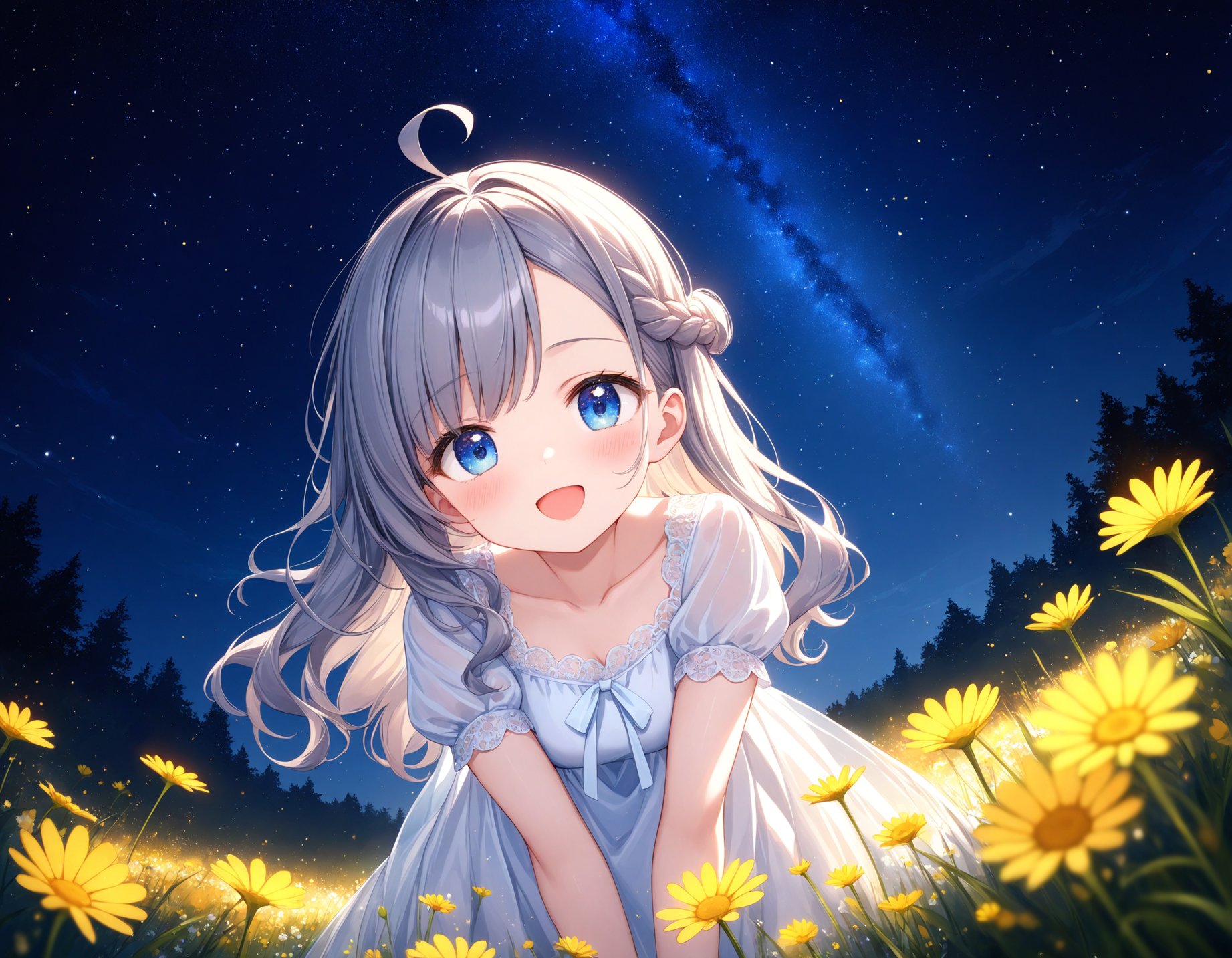 Depth of field. Upper body shot. (Shooting from below:1.1). A cute girl. Solo. :D.  Leaning forward. Red cheek. Looking at viewer. (Round face:1.1). Detailed dark-blue eyes. Tareme. Detailed body. (Large breasts:0.7). Long wavy hair. Gray hair. Gray inner hair. Left side french braid. Ahoge. Asymmetrical bangs. (White chiffon long dress:1.05). Puffy short sleeves. Meadow at night. (Colorful flowers:1.15). Starry sky view. (Night:1.2). (Atmospheric lighting:1.4). Cute style. Watercolor. Intricate details. Extremely detailed. Outstanding intricacies. (Masterpiece:1.2). (Best quality:1.2). (Absurdres absolutely resolution:1.4).