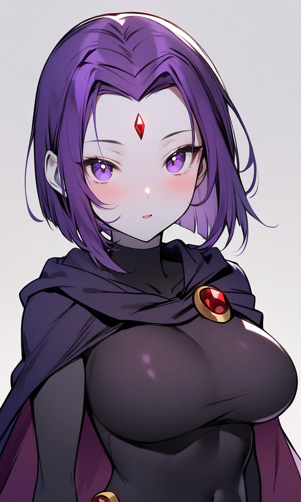 1girl, raven, black cape, black cloak, blush, breasts, cape, cloak, covered navel, forehead jewel, gem, grey skin, hair intakes, large breasts, looking at viewer, purple cape, purple eyes, purple hair, short hair, arms at sides, upper body, portrait, masterpiece, absurdres,<lora:Raven_XL:1> 