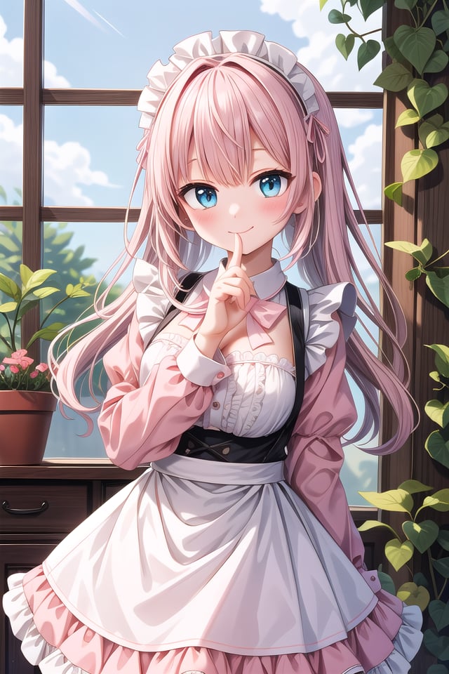 insanely detailed, absurdres, ultra-highres, ultra-detailed, best quality,1girl, solo, nice hands, perfect hands,BREAKapron, blush, bow, bowtie, frilled apron, frills, long sleeves, maid, maid apron, maid headdress, waist apron, white apronBREAKsmile, closed mouthBREAKfinger to mouth, index finger raised, shushing, cowboy shot, looking at viewer,BREAKslender, kawaii, perfect symmetrical face, ultra cute girl, ultra cute face, ultra detailed eyes, ultra detailed hair, ultra cute, ultra beautiful,BREAKday, flower, ivy, leaf, indoors, open door, plant, potted plant, vines, window,BREAKwhite (pink:1.2) hair, green eyes, long hair, medium breasts, bangs, eyebrows visible through hair,