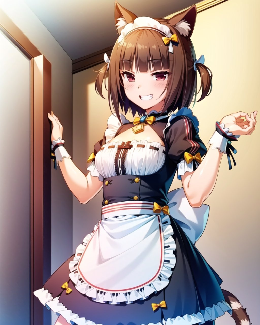 ((masterpiece)), ((best quality)), ((highres)), ((extremely detailed CG unity 8k wallpaper)), <lora:azuki:1>, azuki_neko, azuki uniform, (striped tail), white apron, grin, indoors