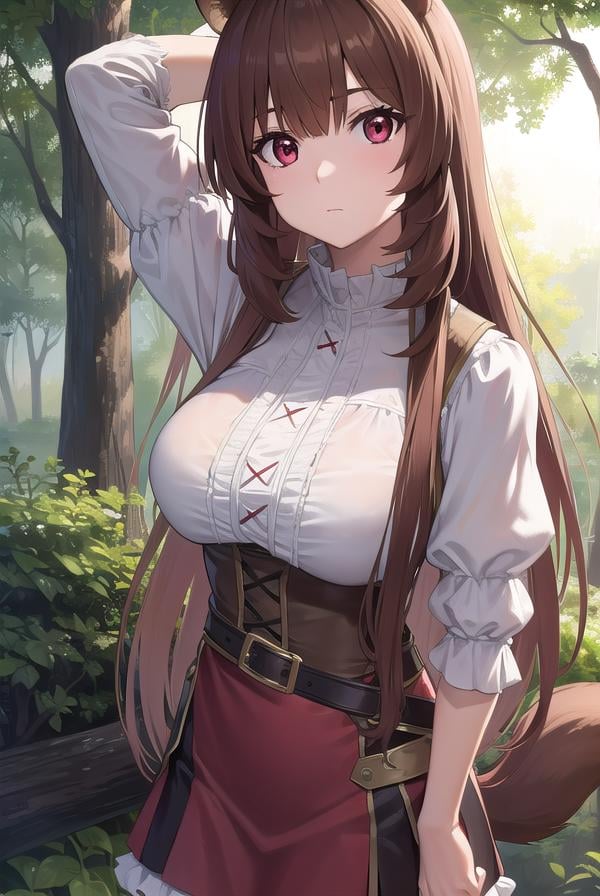 raphtalia, <lora:raphtalia-lora-nochekaiser:1>,raphtalia, animal ears, brown hair, long hair, raccoon ears, raccoon girl, raccoon tail, (red eyes:1.5), tail,BREAK arm garter, belt, brown belt, brown dress, dress, juliet sleeves, long sleeves, puffy sleeves, short dress,BREAK looking at viewer,BREAK outdoors, forest, nature, sun, sky, (cowboy shot:1.5),BREAK <lyco:GoodHands-beta2:1>, (masterpiece:1.2), best quality, high resolution, unity 8k wallpaper, (illustration:0.8), (beautiful detailed eyes:1.6), extremely detailed face, perfect lighting, extremely detailed CG, (perfect hands, perfect anatomy),