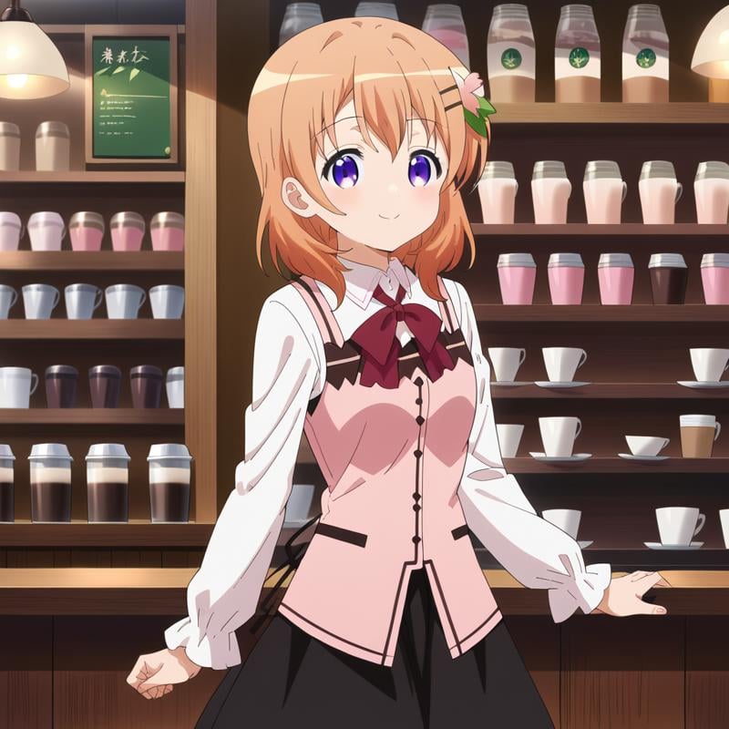 1girl, hoto cocoa, standing, bangs, black skirt, blush, bow, bowtie, coffee, counter, cowboy shot, cup, eyebrows visible through hair, flower, hair between eyes, hair ornament, hairclip, hoto cocoa, indoors, long sleeves, looking at viewer, menu, smile, pink vest, purple eyes, rabbit house uniform, red bow, red bowtie, shelf, shirt, short hair, skirt, solo, standing, vest, waitress, white shirt, wing collar ,<lora:cocoa_hoto:0.8>