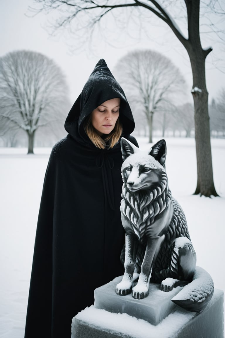 woman close up portrait, Candid photo of a cloaked figure ice sculpture in the snow missing an arm, a fox sitting at the feet, surrealism goya hasselblad <lora:rebbackp:1>