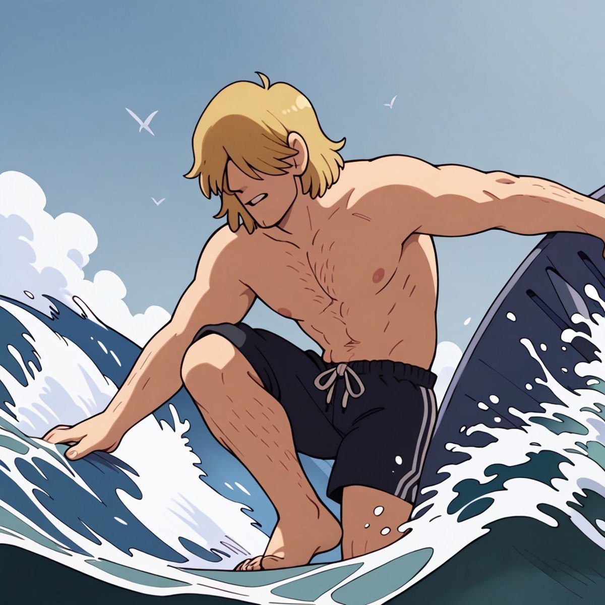 score_9, score_8_up, score_7_up BREAK TnnrCl, 1boy, shoulder-length blonde hair, hair covering eyes, shirtless, dark blue shorts, barefoot, beach outdoors, surfing, surfing big waves, sea waves. 