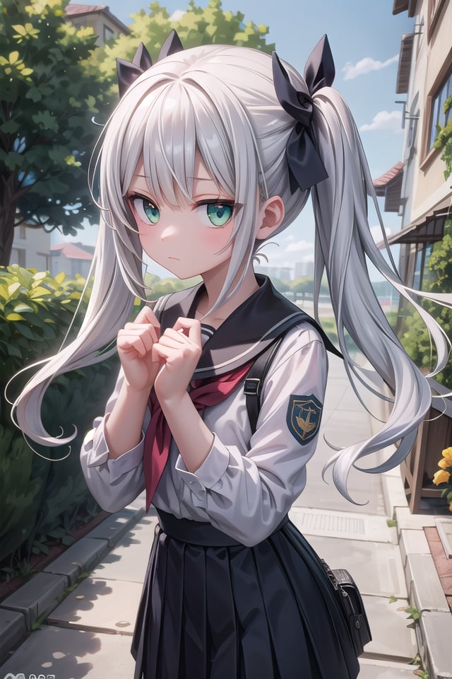 insanely detailed, absurdres, ultra-highres, ultra-detailed, best quality,1girl, solo, nice hands, perfect hands,BREAK,wearing summer school uniform,expressionless, closed mouth,standing,45 angle, cowboy shot, looking at viewer,BREAK,(tsurime:1.4),slender, kawaii, perfect symmetrical face, ultra cute girl, ultra cute face, ultra detailed eyes, ultra detailed hair, ultra cute, ultra beautiful,by Canon EOS, SIGMA Art Lens 35mm F1.4, ISO 200 Shutter Speed 2000,BREAK,in a park,silver hair, twintails, green eyes,