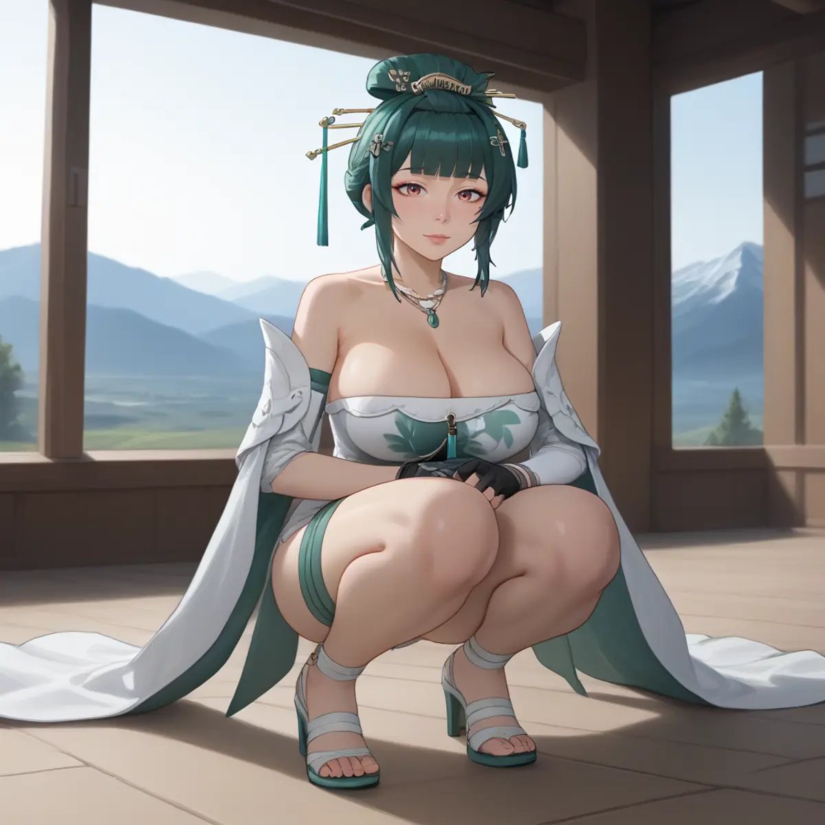 1girl, solo, Hanying, green hair, single hair bun, hair stick, hair ornament, necklace, strapless dress, white dress, cleavage, detached sleeves, fingerless gloves, squatting , full body, thigh strap, skindentation, indoors, teahouse, window, mountains <lora:SDXL_Hyper:1> <lora:STFD_P:1> <lora:hanying-pdxl-nvwls-v1:1>