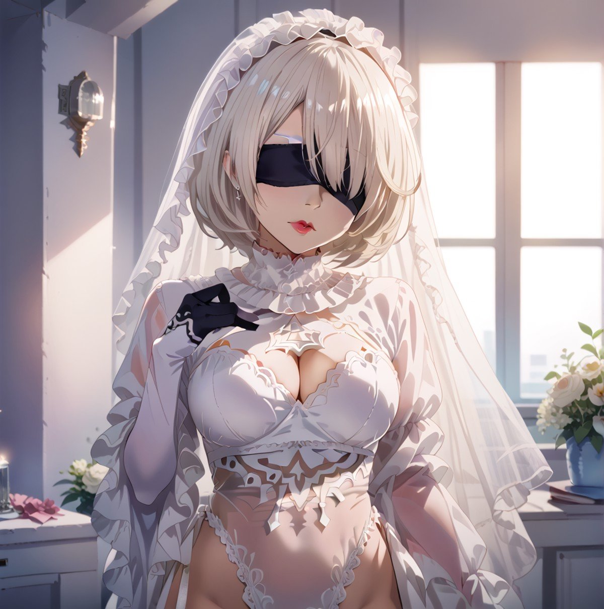 score_9, score_8_up, score_7_up, best quality, masterpiece, source_anime, rating_safe , zPDXL2, BREAK,  1girl, large breast, hair over one eye,blindfold<lora:yorha2b10outfit:1>,yorha2b, 2bwhitebride, Pretending to be a superhero in flight,<lora:AmaiAnimePony:1>