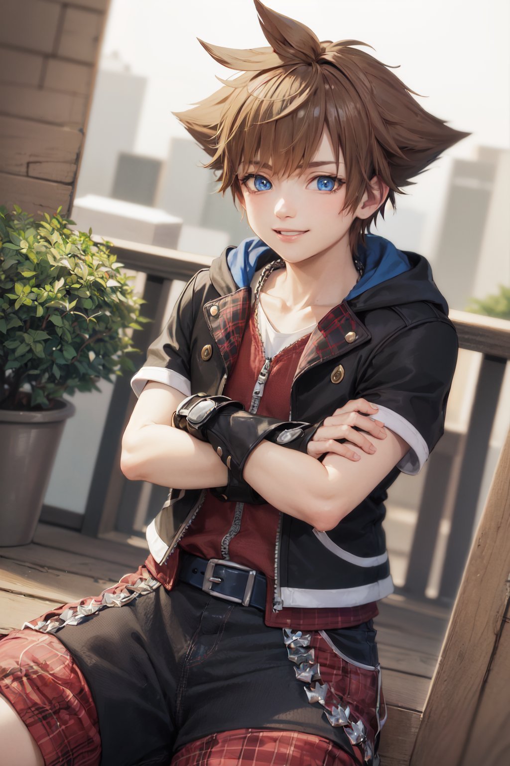 (masterpiece, best quality:1.2), <lora:kingdomhearts_sora-10:1>, cowboy shot, solo, male focus, 1boy, sora \(kingdom hearts\), smile, looking at viewer, crossed arms, hooded jacket, shorts