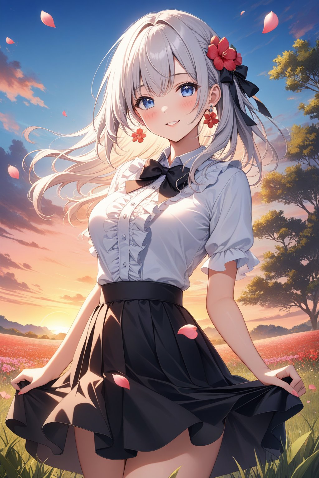 face focus, cute, masterpiece, best quality, 1girl, flower, solo, blue eyes, outdoors, skirt, smile, hair ornament, looking at viewer, jewelry, earrings, short sleeves, shirt, petals, skirt hold, bangs, frills, hair flower, blush, white shirt, sky, white hair, tree, cowboy shot, bow, sunset, black skirt, black bow, parted lips, standing, field, bowtie, breasts, pink flower, cloud, red flower, grass, flower earrings, long hair, center frills, frilled shirt, collared shirt, medium hair, black bowtie, floating hair