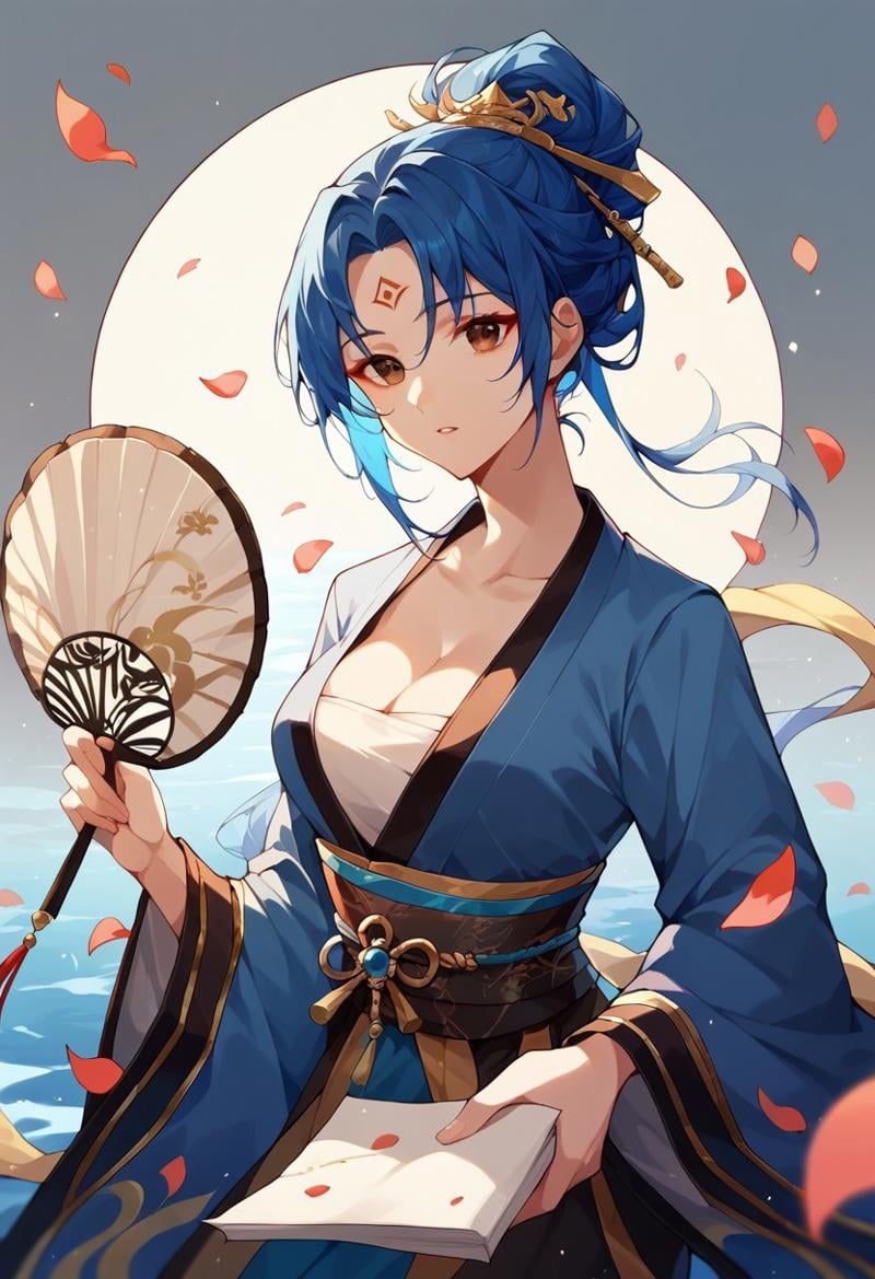 score_9, score_8_up, score_7_up, hanfu, petals, hair between eyes, parted lips, forehead mark, cleavage, brown eyes, water, facial mark, paper fan, blue hair