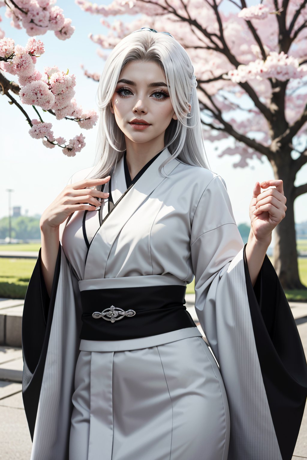 ((ultra detailed, masterpiece, absurdres)) <lora:SpiderBlackCat:0.9>SpiderBlackCat, 1girl, white hair, long hair, in a traditional kimono, surrounded by cherry blossoms