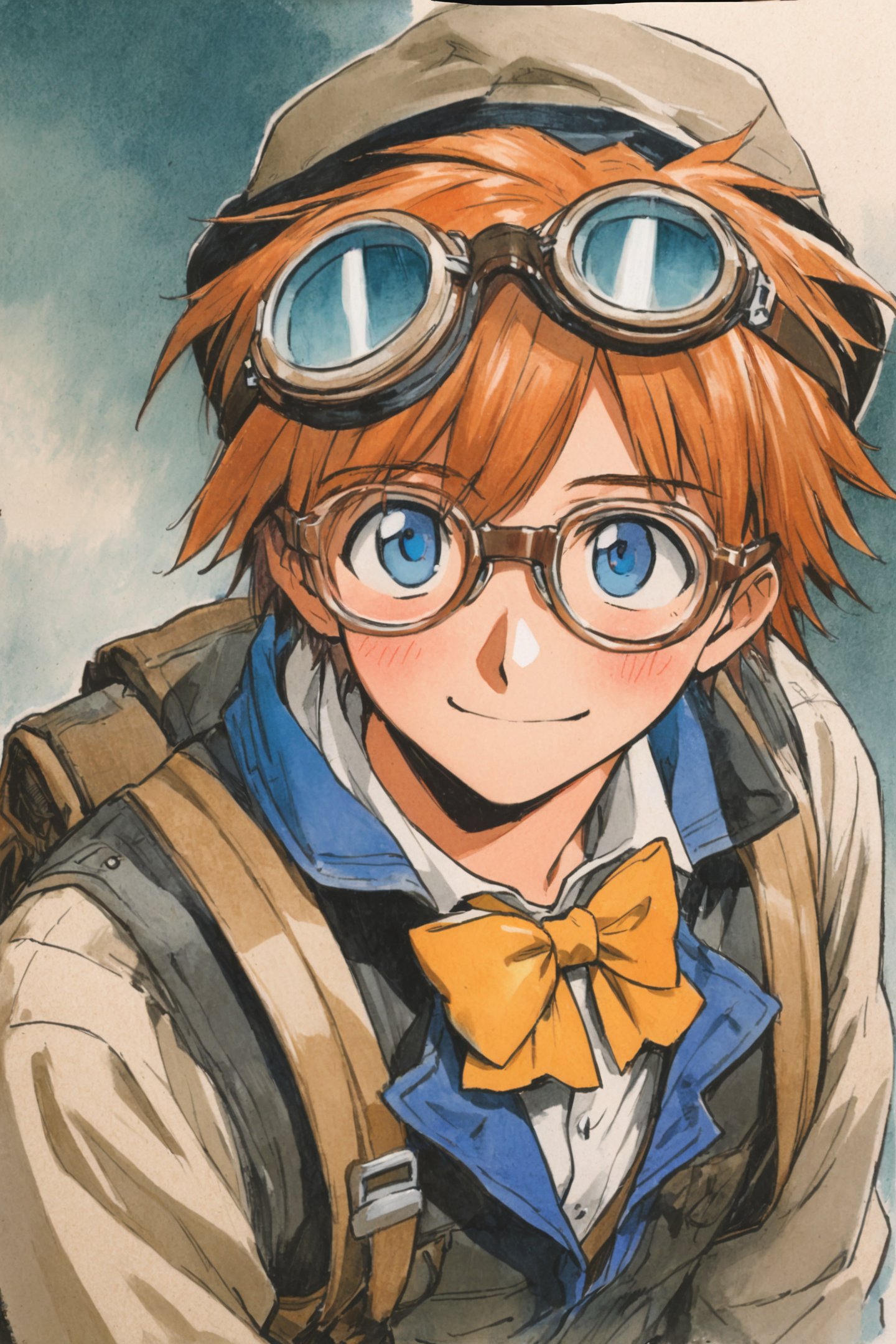 1boy,solo,hat,goggles,glasses,male focus,bow,blue eyes,traditional media,smile,bowtie,orange hair,blush,jacket,backpack,bag,upper body,traditional media,<lora:Sadamoto Yoshiyuki_XL_V3:0.8>,