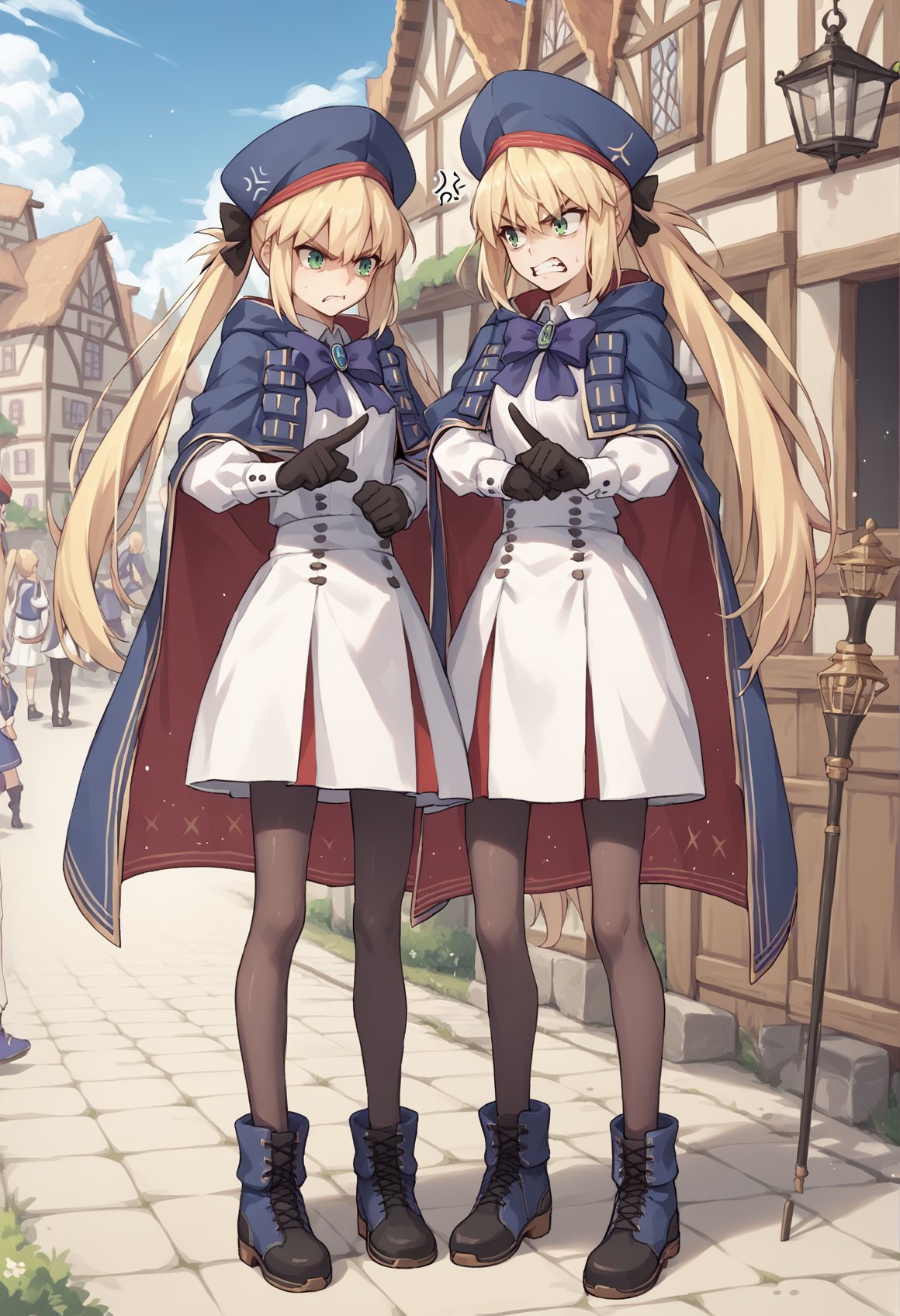 2girls, blonde hair, long hair, green eyes, twintails, white shirt, blue beret, white skirt, blue cape, blue ribbon, black gloves, pantyhose, blue boots, angry, pointing, pointing at each other, angry, arguing, full body, twins, outdoors, town <lora:Castoria:1>, score_9, score_8_up, score_7_up, score_6_up, score_5_up, score_4_up, BREAK source_anime, masterpiece