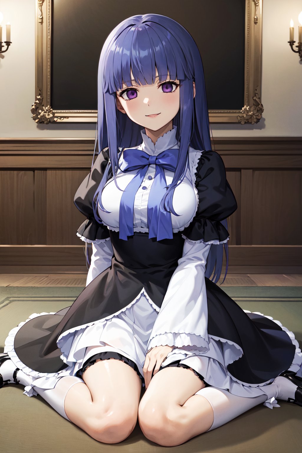 masterpiece, best quality, highres, aabern, long hair, blue hair, blunt bangs, purple eyes, bowtie, frills, black dress, puffy sleeves, short over long sleeves, long sleeves, <lora:frederica_bernkastel_v1:0.7>, wariza, sitting, smile, indoors,